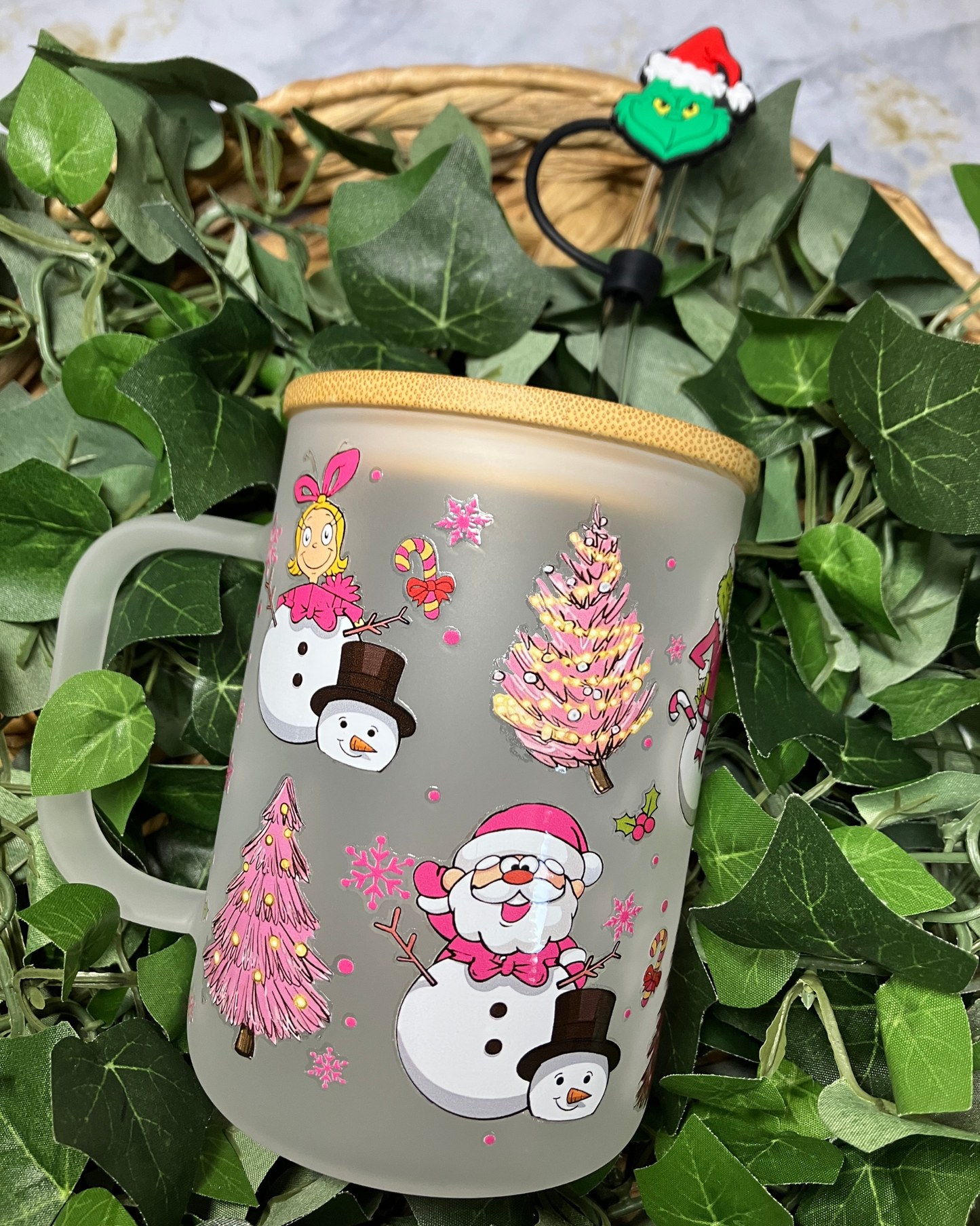 Pink Christmas 16oz Glass Cup