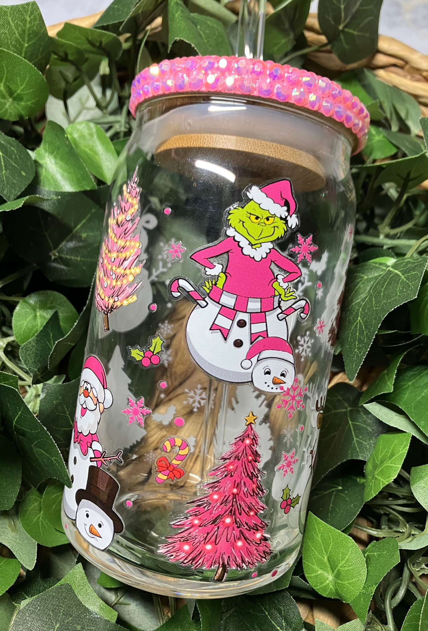 Pink Christmas 16oz Glass Cup