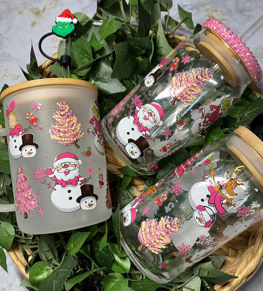 Pink Christmas 16oz Glass Cup